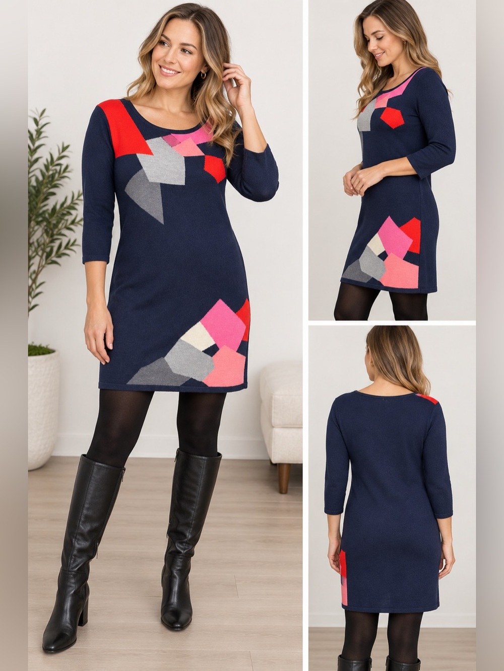Trina Turk 100% Merino Wool Sweater Dress Navy Geometric M L